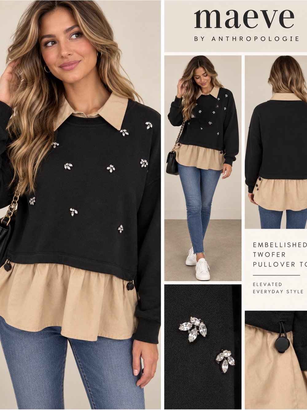 Maeve Embellished Twofer Pullover Sweatshirt Top Black Tan M